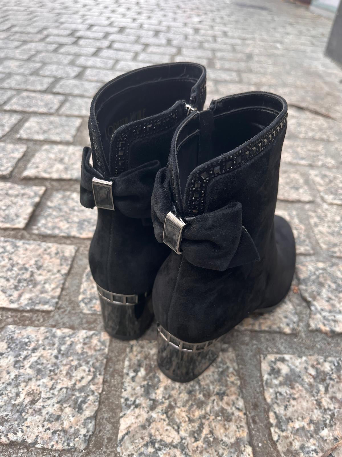 Loretta Vitale C96104 Black Suede Block Heel Boots with Diamonte Top Trim & Bow
