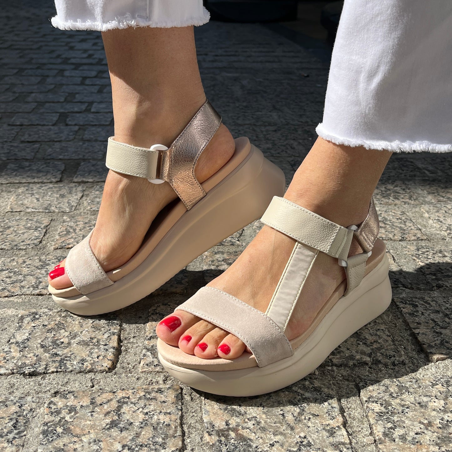 Callaghan 29925 Cream,Beige Velcro Sandals with Gold Slingback Strap
