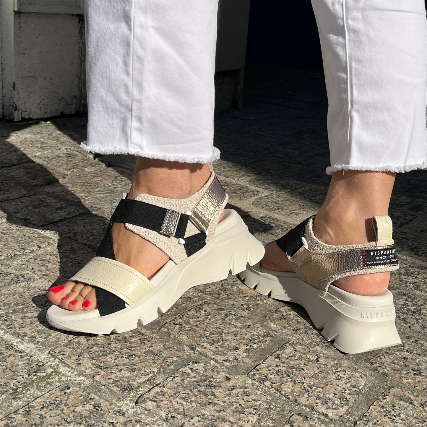 Hispanitas HV254007 Black, Cream Latte & Gold Combi Velcro Sandals