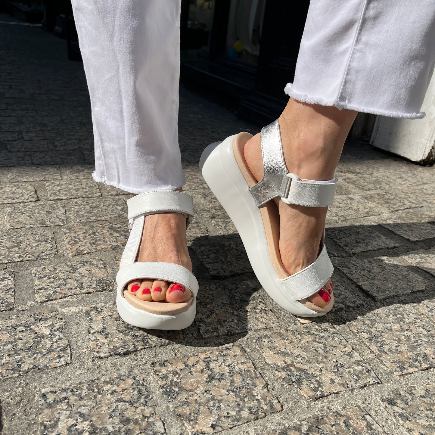 Callaghan 29925 White Velcro Sandals with Silver Slingback Strap