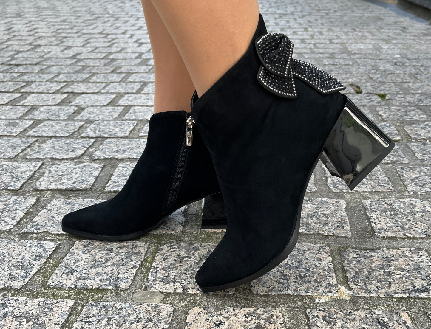 Loretta Vitale C2439605 Black Suede Ankle Boots with Diamonte Bow on Heel