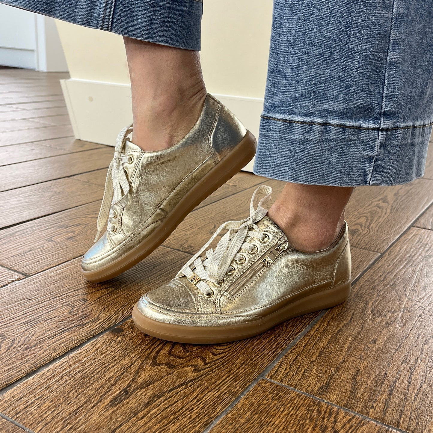 Caprice 9-23706-44-959 Platinum Gold Metallic Lace Trainers with Zip