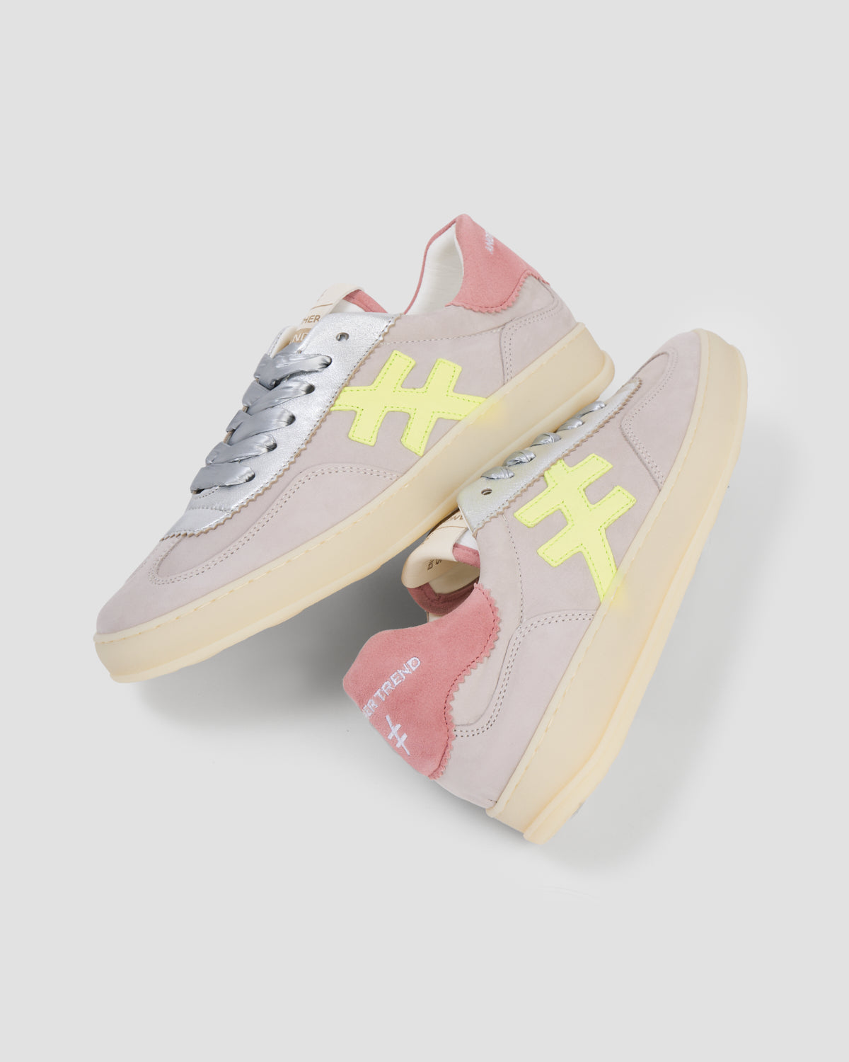 Another Trend A0322738 Tortola Taupe Suede Trainers with Pink Back & Neon Side
