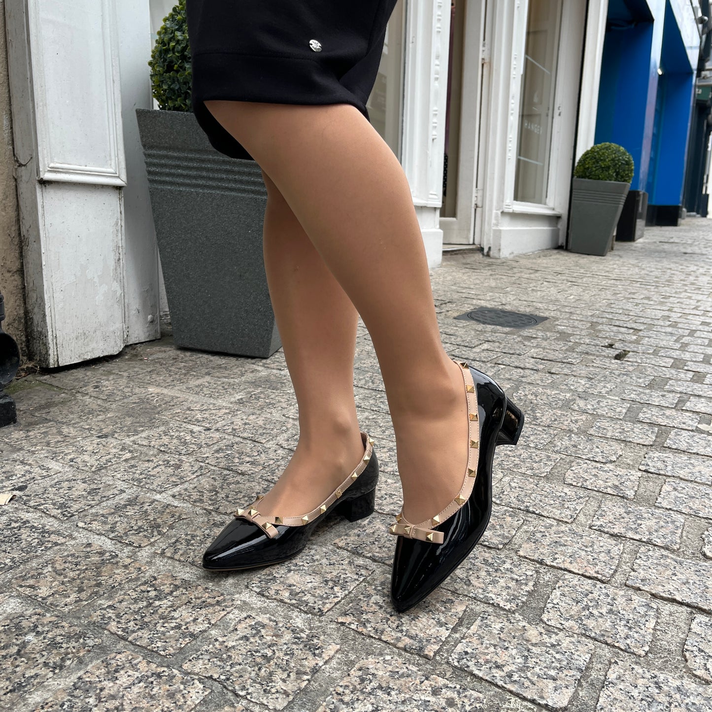 Loretta Vitale C9303 Black Patent Beige Trim Slip On Shoes with Studs