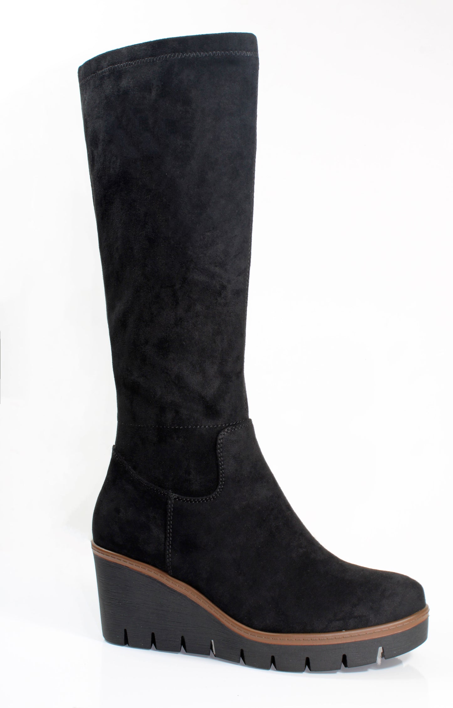 Susst BECKY25 Black Micro Sock Top Wedge Knee High Boots