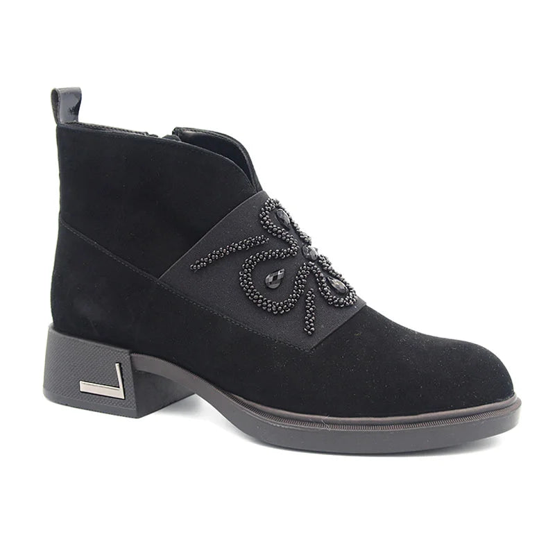 Loretta Vitale C2439620B Black Leather Ankle Boots with Front Elastic with Beads & Jewels