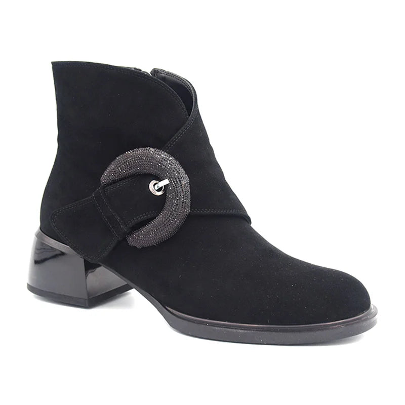 Loretta Vitale C2439635 Black Suede Ankle Boots With Diamonte Side Ring