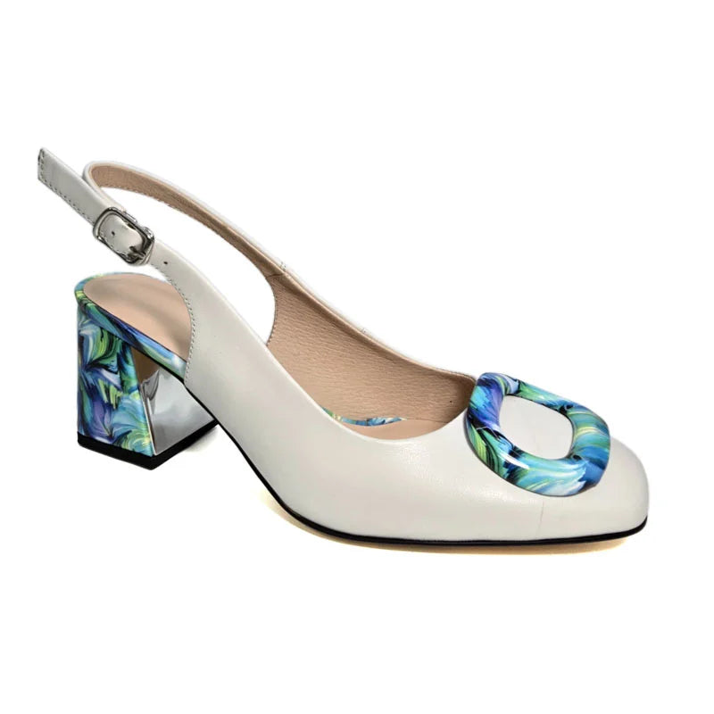 Loretta Vitale C3817 White & Blue Combi Block Heels with Slingback Strap