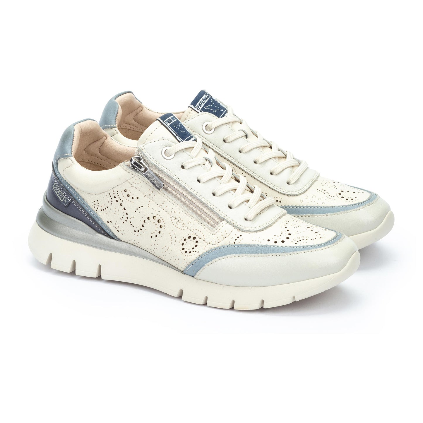 Pikolinos CANTABRIA W4R-6622C2 Nata Espum Cream & Blue Combi Shoes with Lace & Side Zip