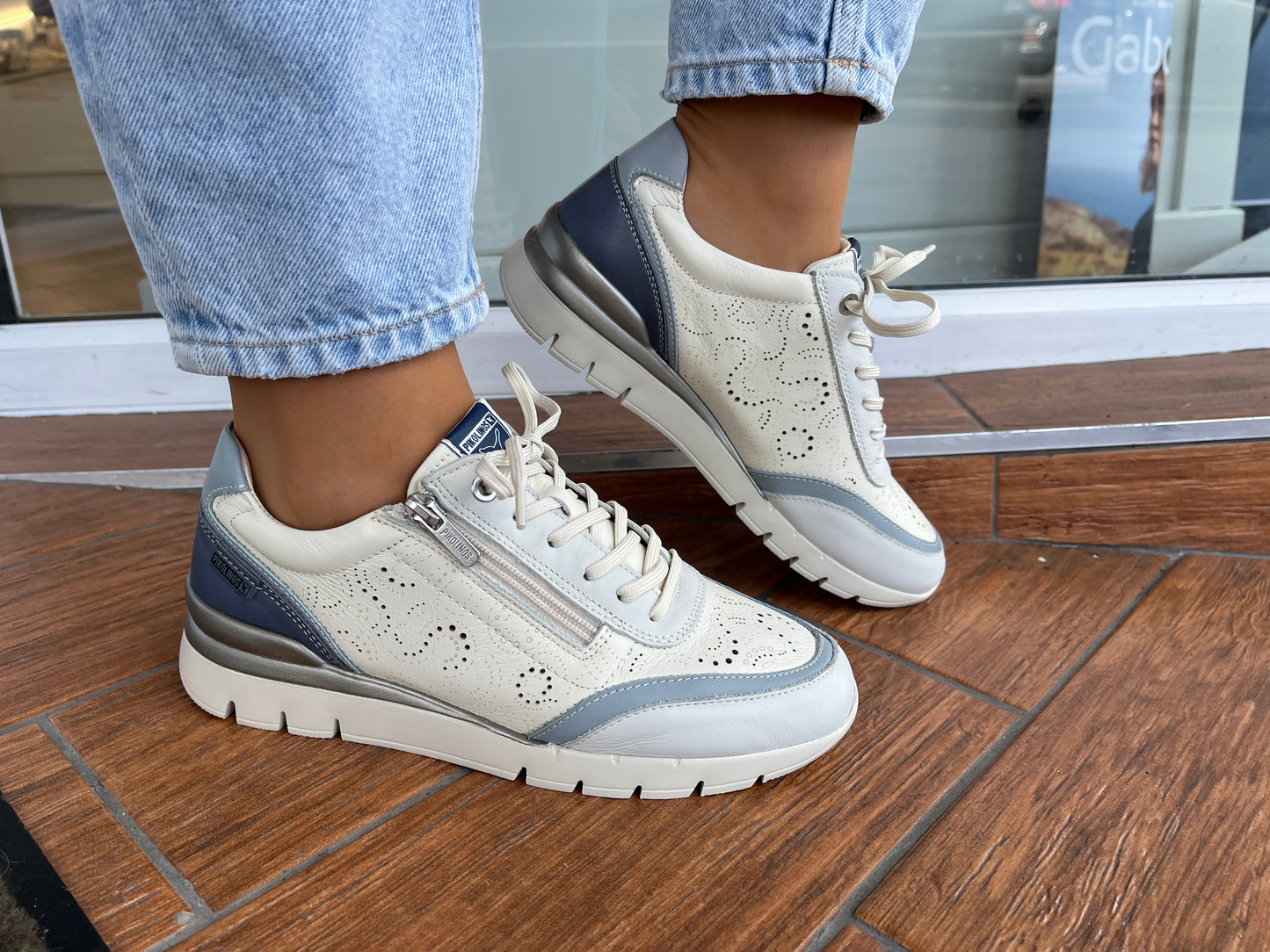 Pikolinos CANTABRIA W4R-6622C2 Nata Espum Cream & Blue Combi Shoes with Lace & Side Zip
