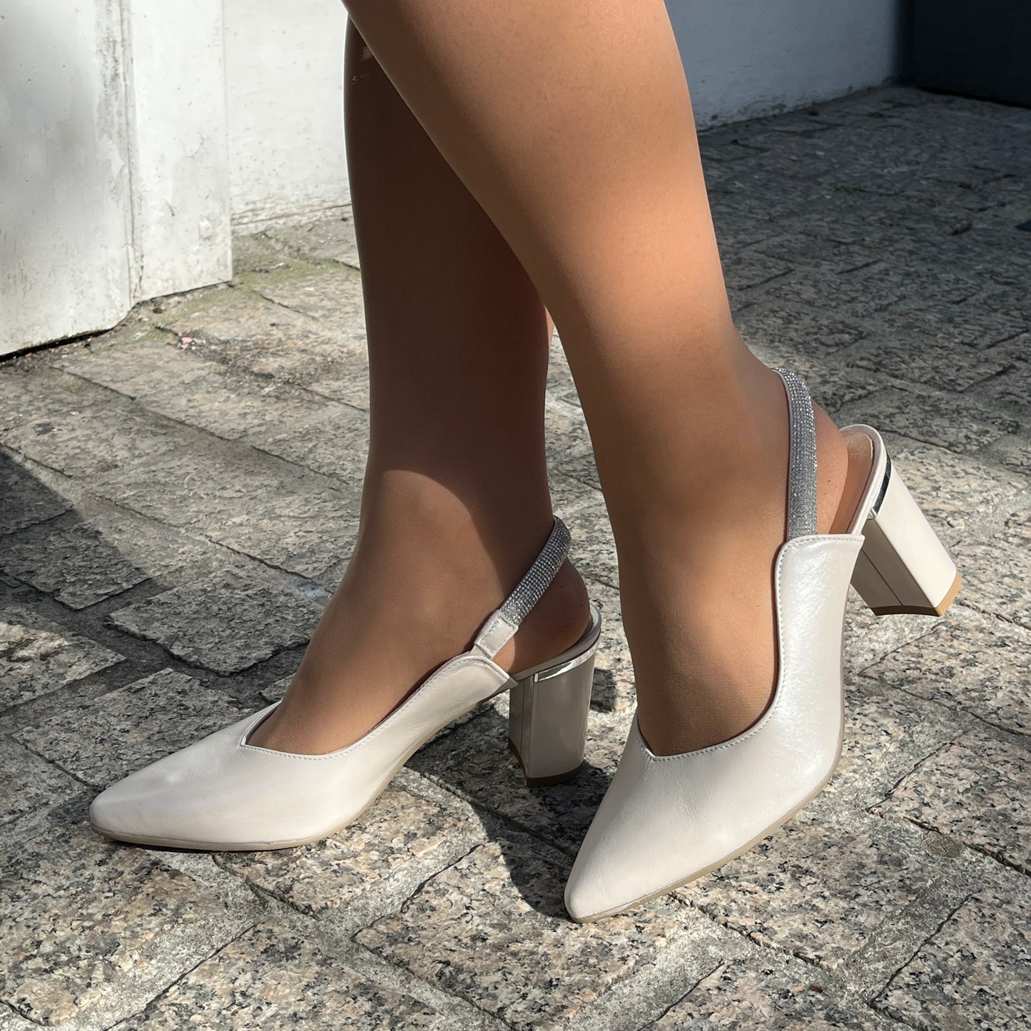 Bioeco by Arka 4186 2380+1661 Pearl Leather Block Heels with Slingback Strap