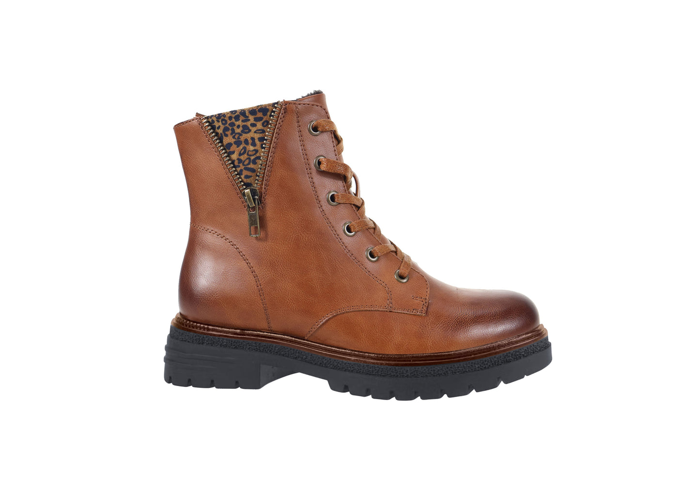 Susst CLIONA25 Tan PU Zip Trim & Tie Chunky Ankle Boots