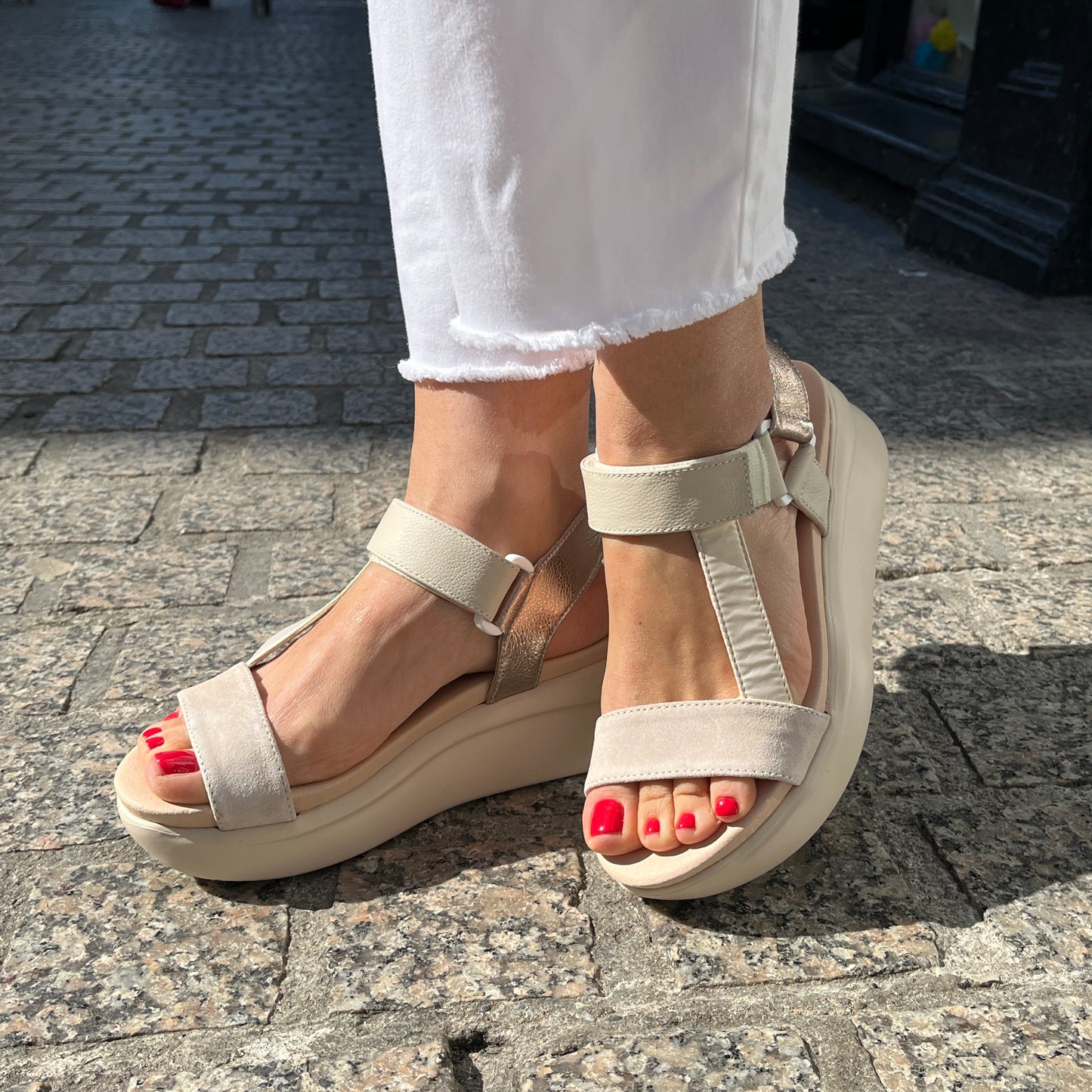 Callaghan 29925 Cream,Beige Velcro Sandals with Gold Slingback Strap