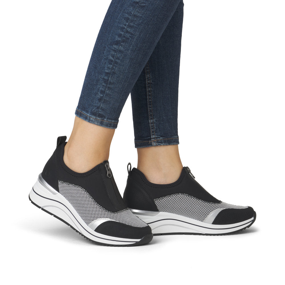 Remonte D0T08-03 Black, White & Silver Combi H Fit Front Zip Shoes