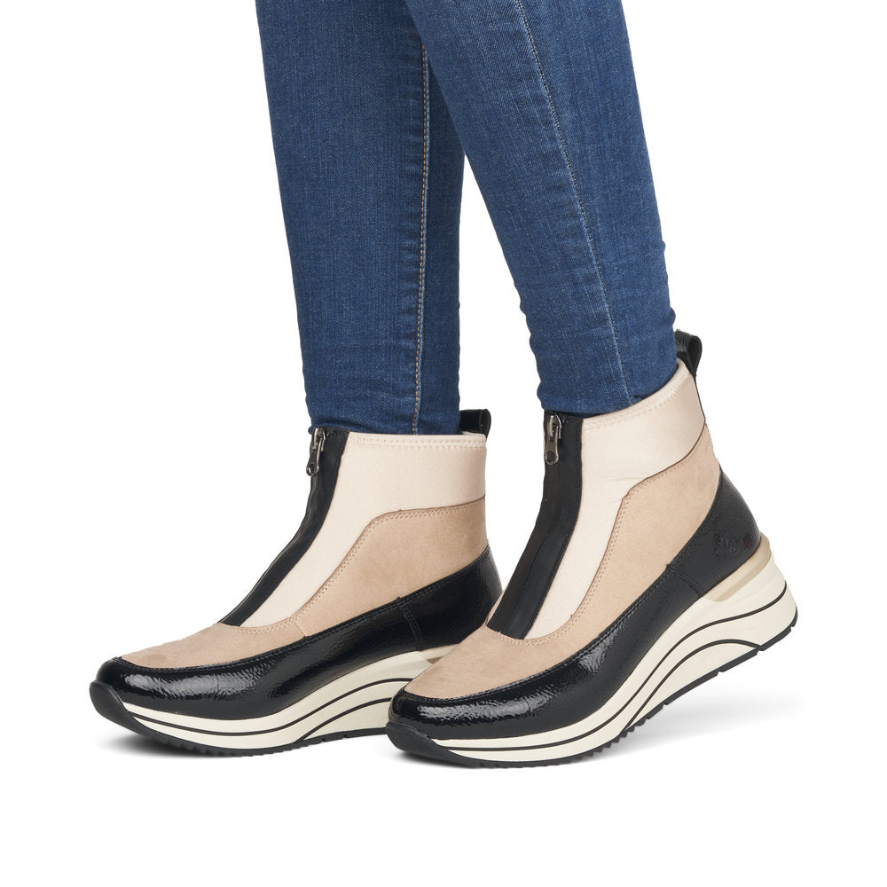 Remonte D0T71-60 Beige Combi Ankle Boots with Front Zip - Wide Fit