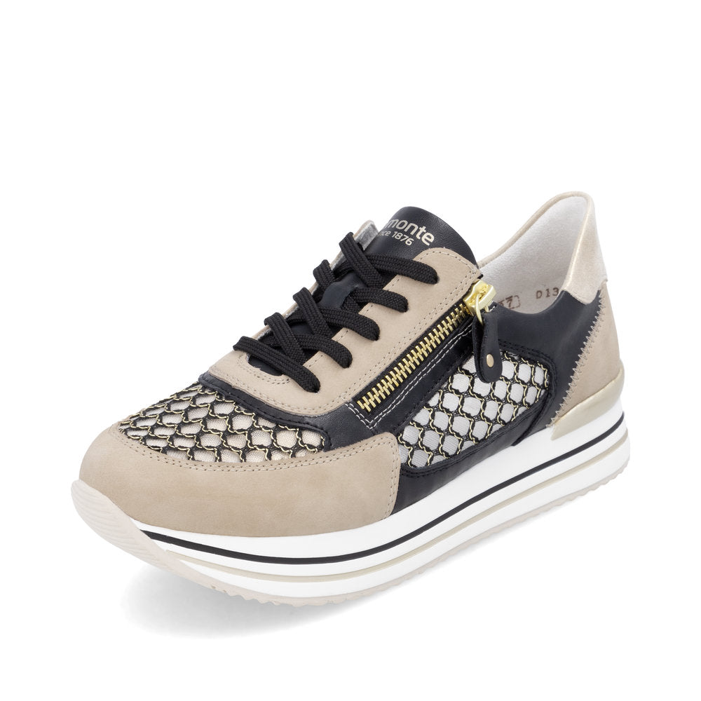 Remonte D1329-03 Pearl, Black & Gold Combi Sneakers with Side Zip - Vegan