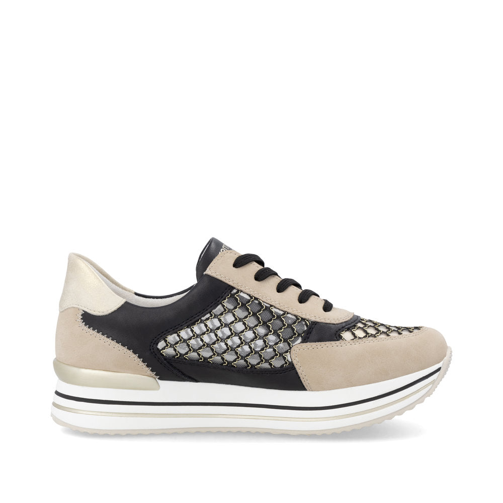 Remonte D1329-03 Pearl, Black & Gold Combi Sneakers with Side Zip - Vegan