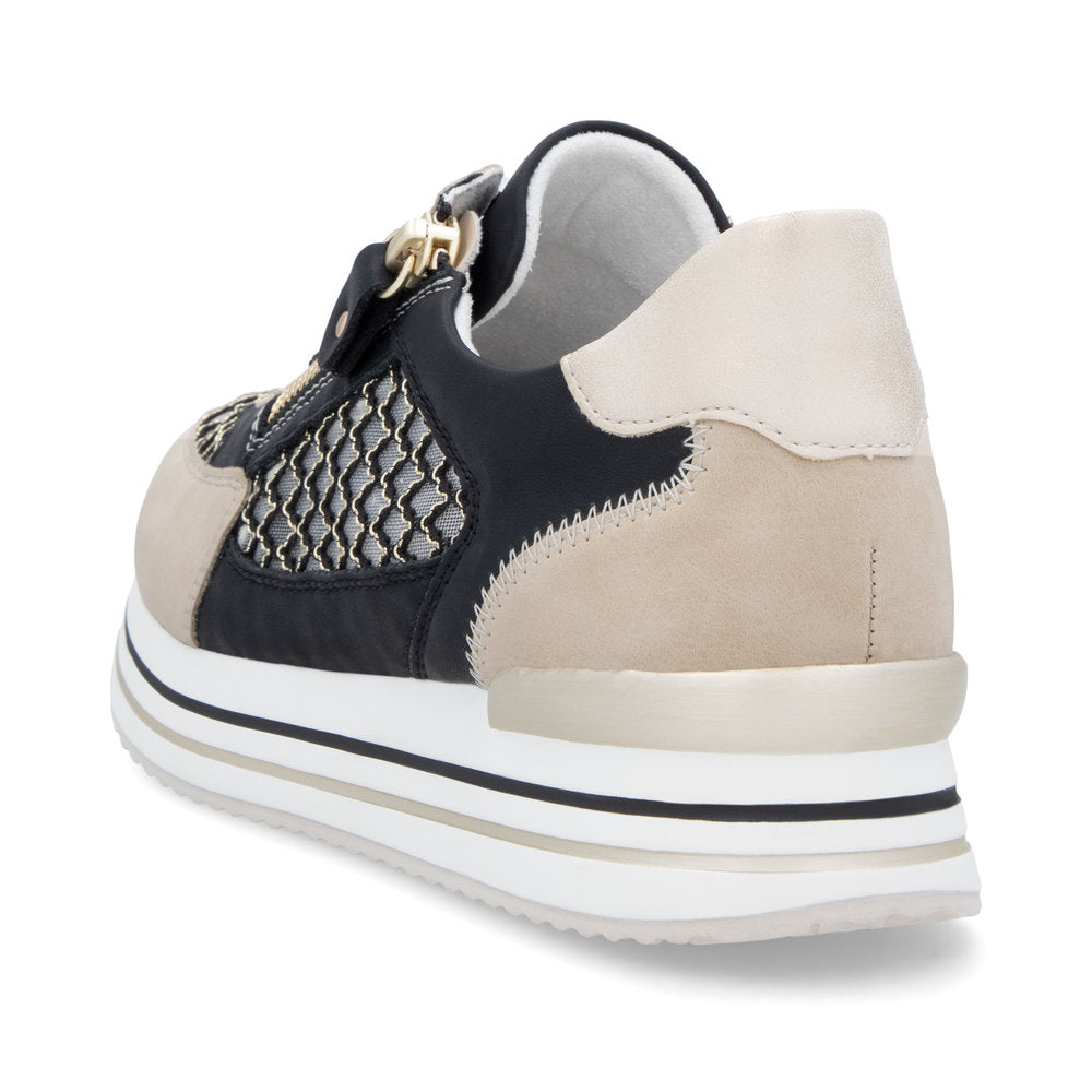 Remonte D1329-03 Pearl, Black & Gold Combi Sneakers with Side Zip - Vegan