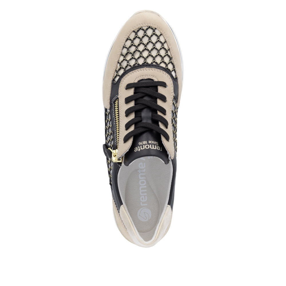 Remonte D1329-03 Pearl, Black & Gold Combi Sneakers with Side Zip - Vegan