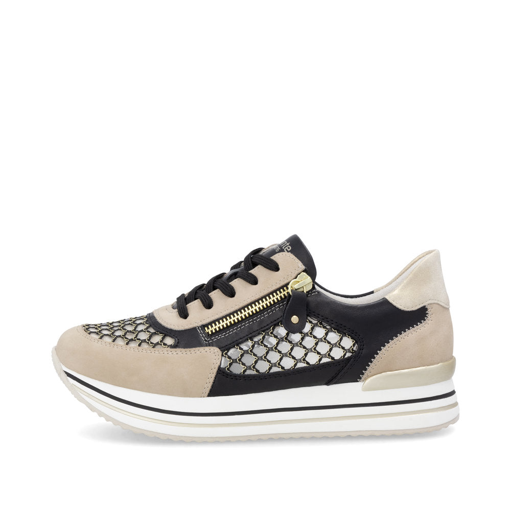 Remonte D1329-03 Pearl, Black & Gold Combi Sneakers with Side Zip - Vegan
