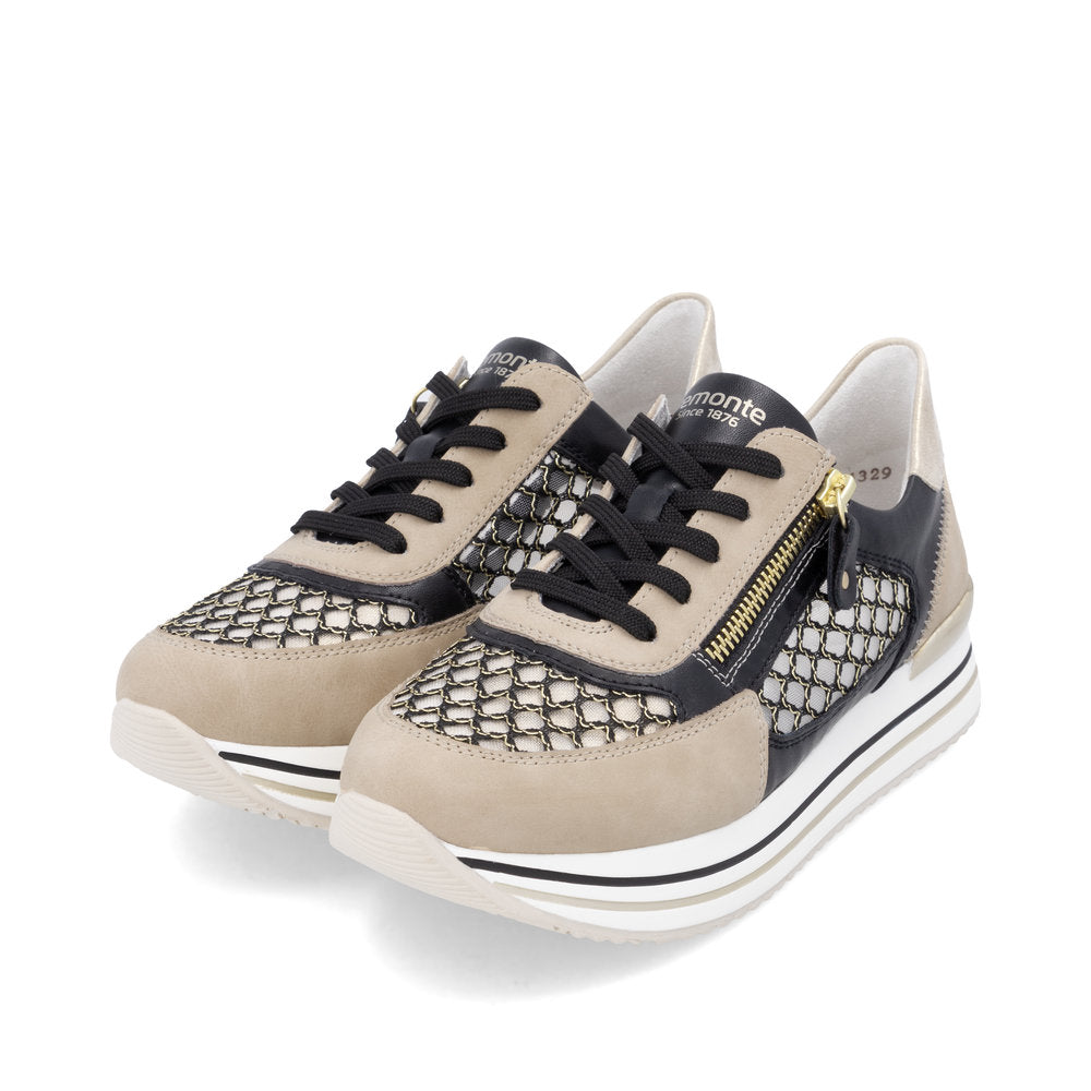 Remonte D1329-03 Pearl, Black & Gold Combi Sneakers with Side Zip - Vegan