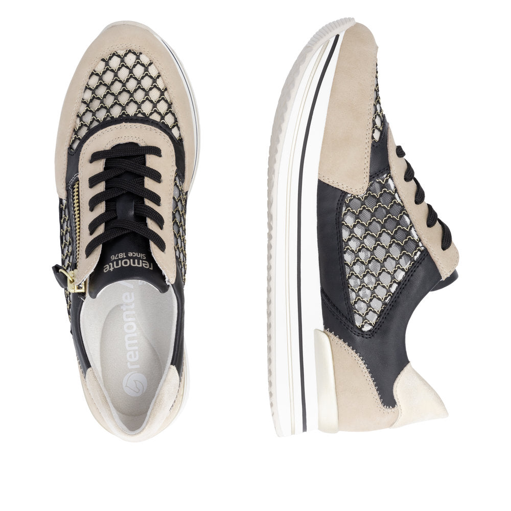 Remonte D1329-03 Pearl, Black & Gold Combi Sneakers with Side Zip - Vegan