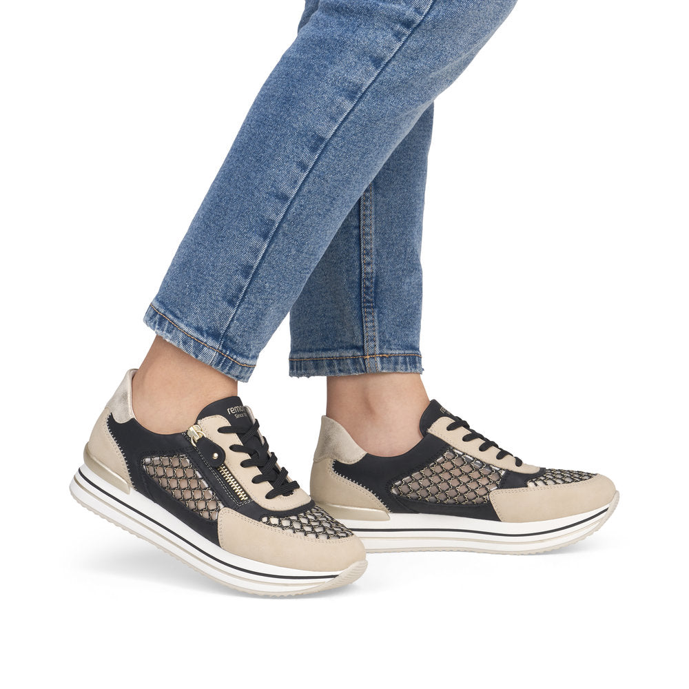 Remonte D1329-03 Pearl, Black & Gold Combi Sneakers with Side Zip - Vegan