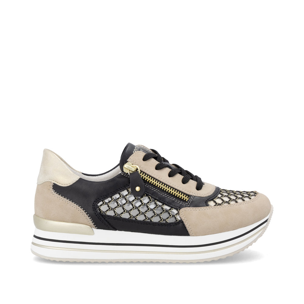 Remonte D1329-03 Pearl, Black & Gold Combi Sneakers with Side Zip - Vegan