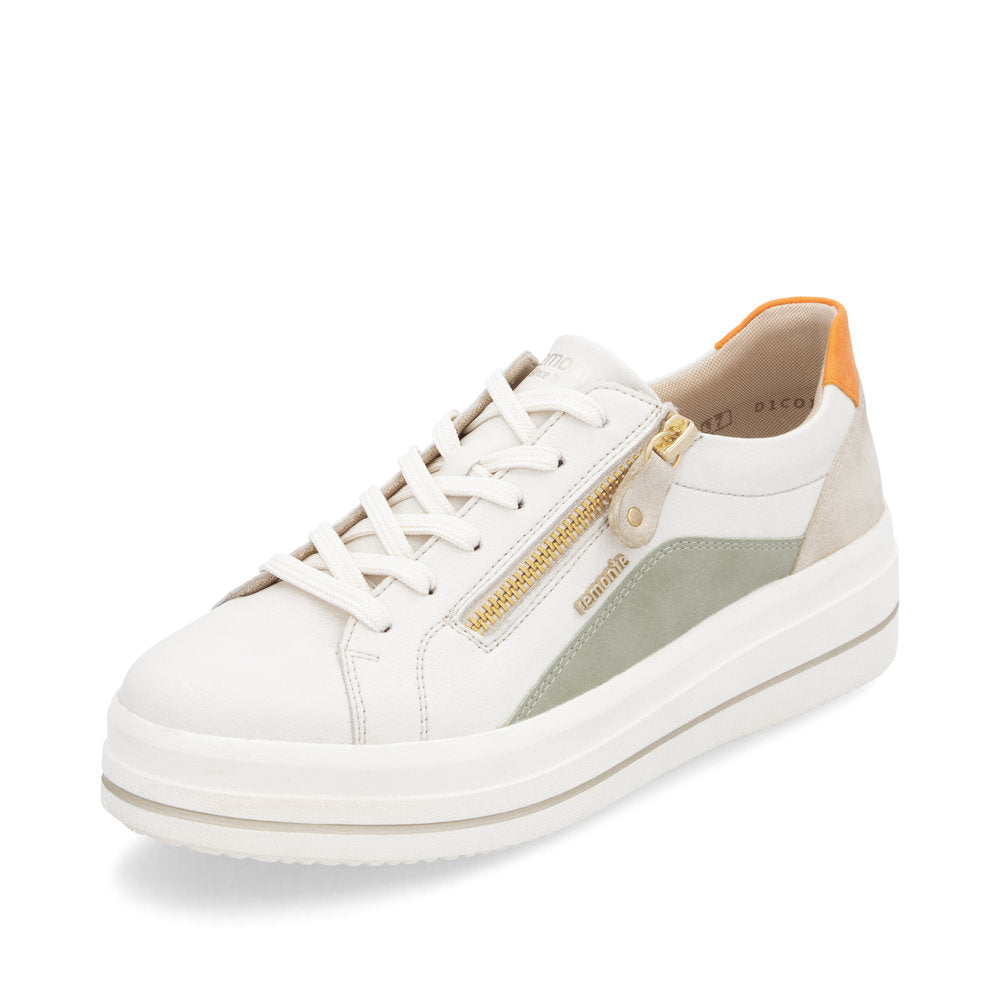 Remonte D1C01-81 Off White, Green & Orange Combi Trainers with Zip