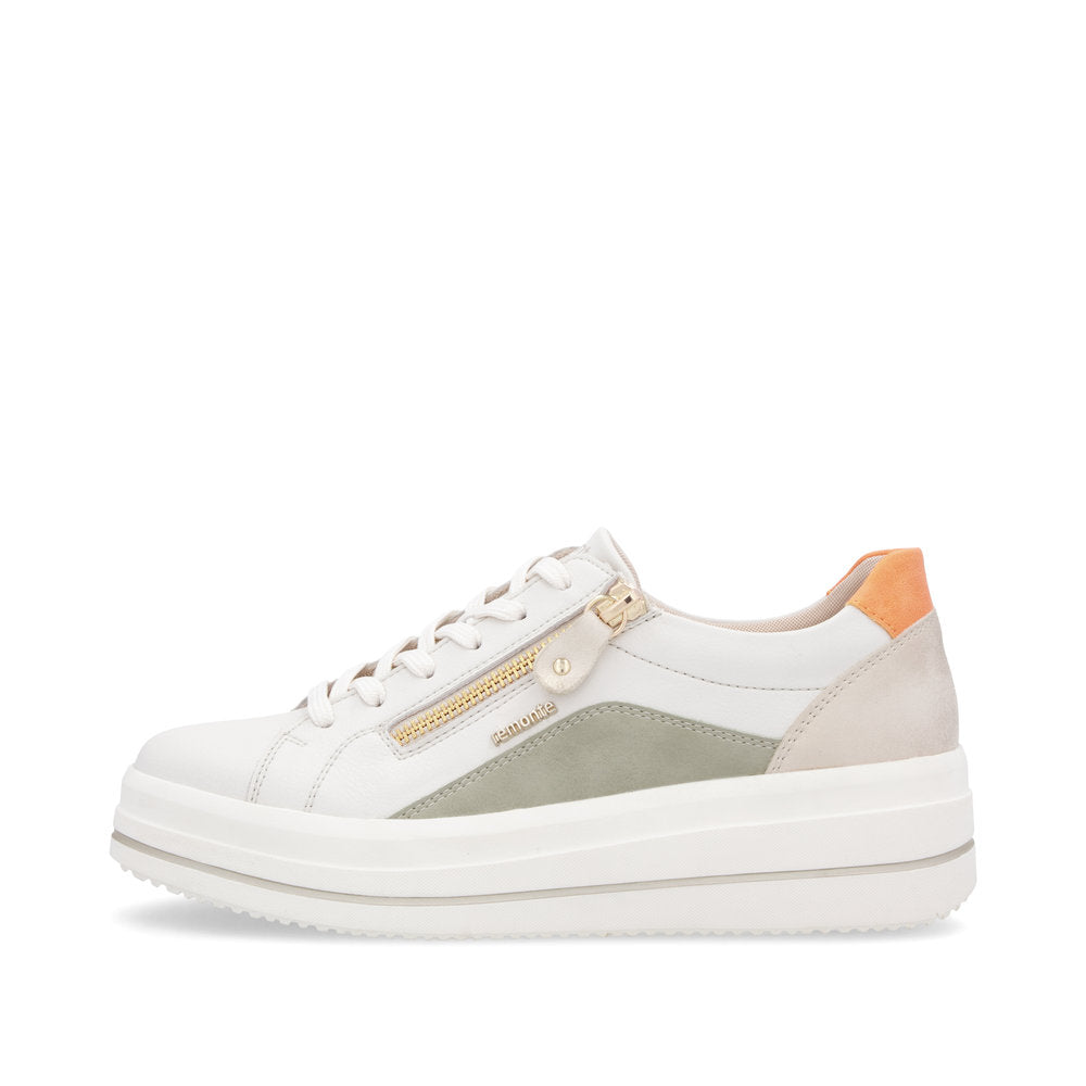 Remonte D1C01-81 Off White, Green & Orange Combi Trainers with Zip