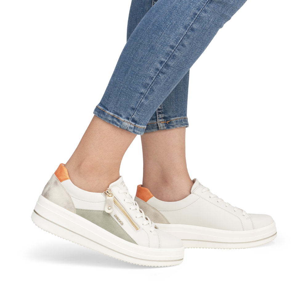 Remonte D1C01-81 Off White, Green & Orange Combi Trainers with Zip