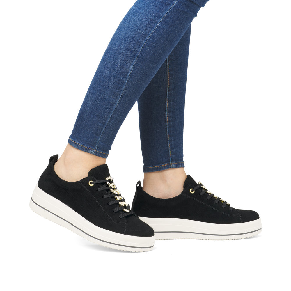 Remonte D1C03-02 Black Suede Lace Trainers with Gold Diamonte Links