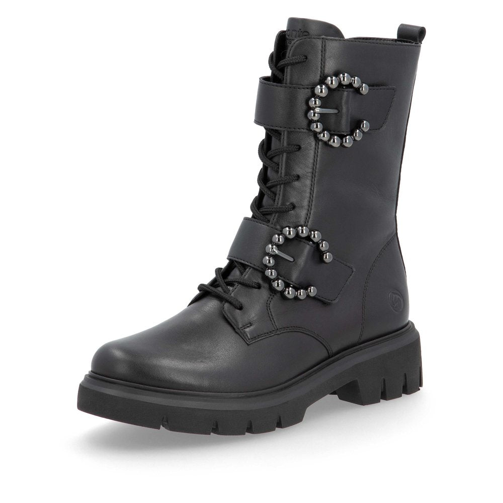 Remonte D1W70-00 Black Lace & 2 Buckle Ankle Boots