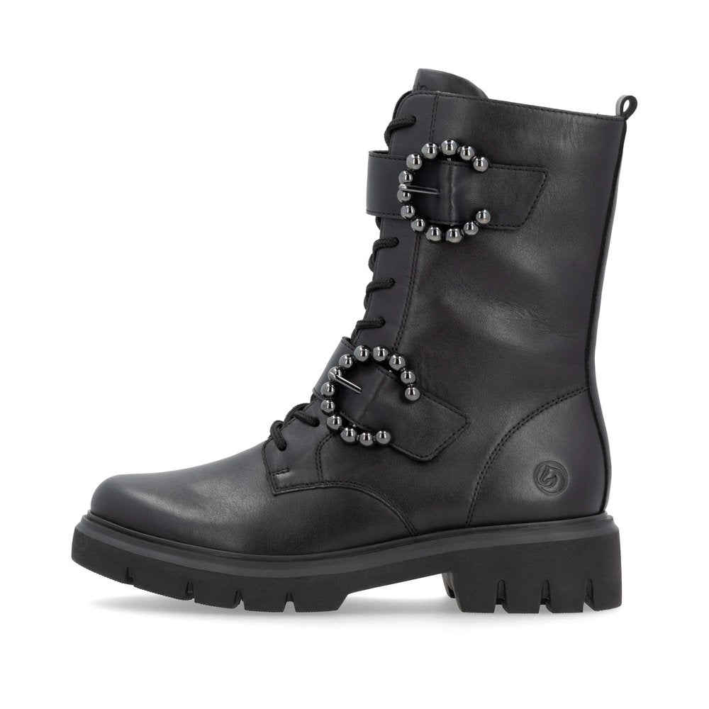 Remonte D1W70-00 Black Lace & 2 Buckle Ankle Boots