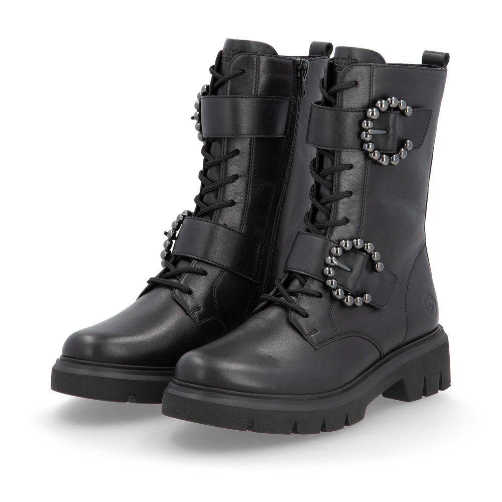 Remonte D1W70-00 Black Lace & 2 Buckle Ankle Boots