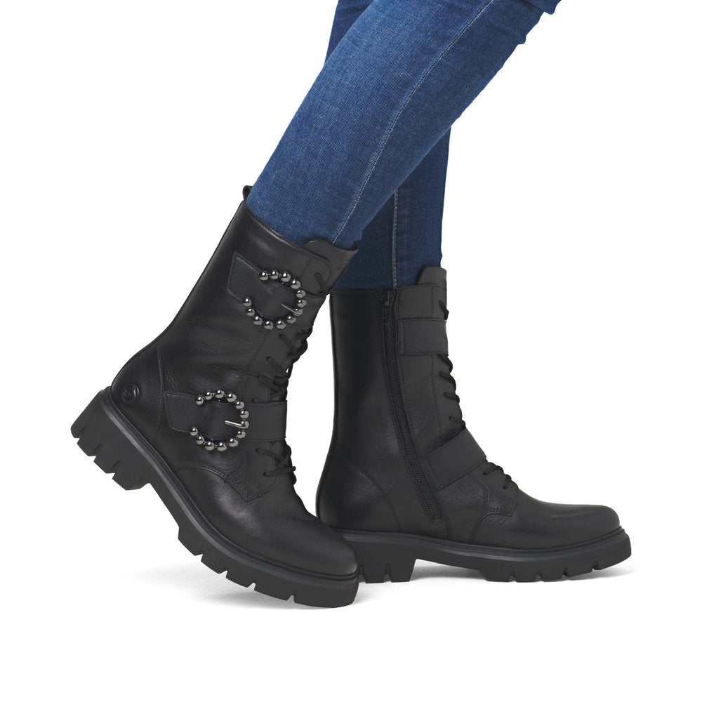 Remonte D1W70-00 Black Lace & 2 Buckle Ankle Boots