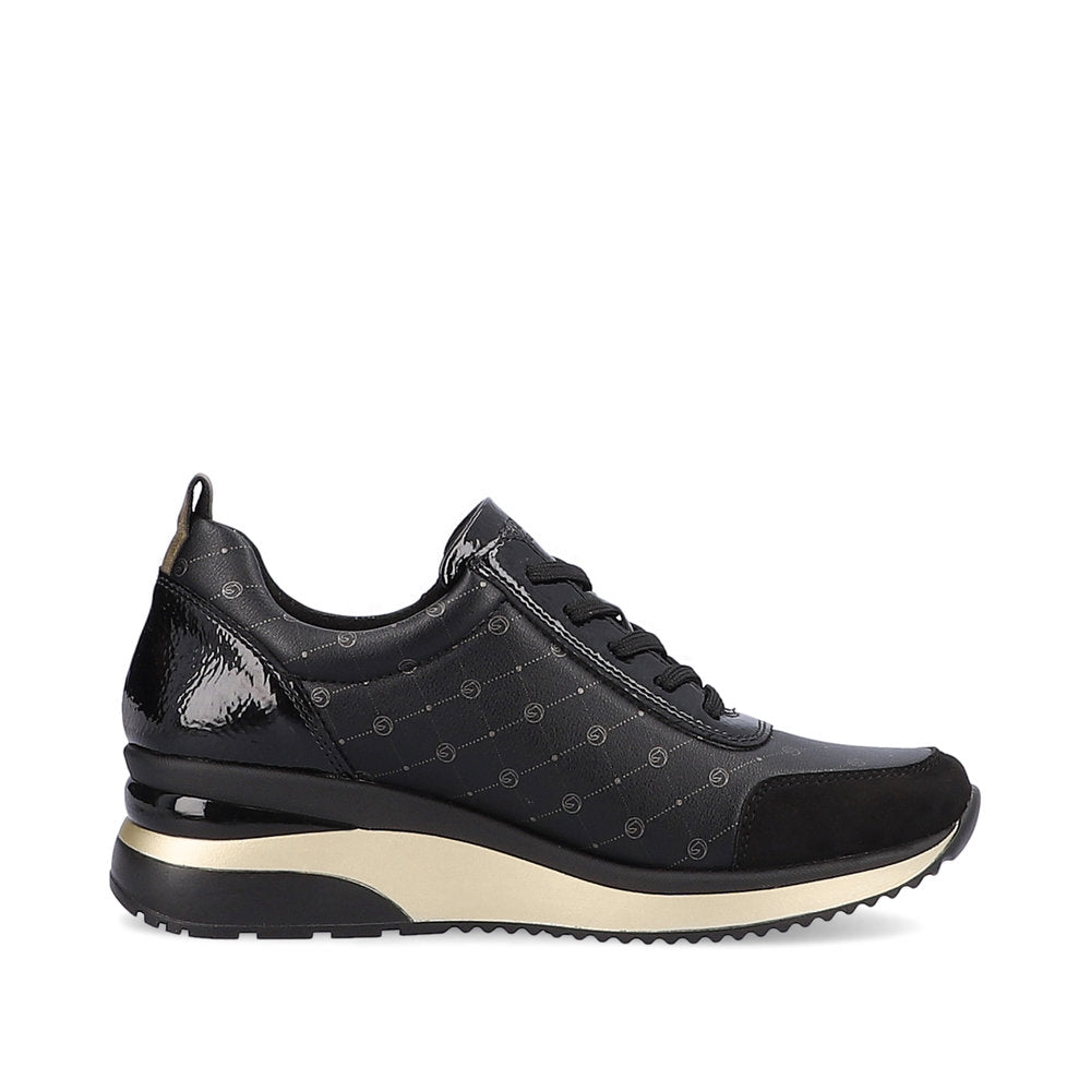 Remonte D2401-04 Black & Gold Combi Wedge Trainers with Zip