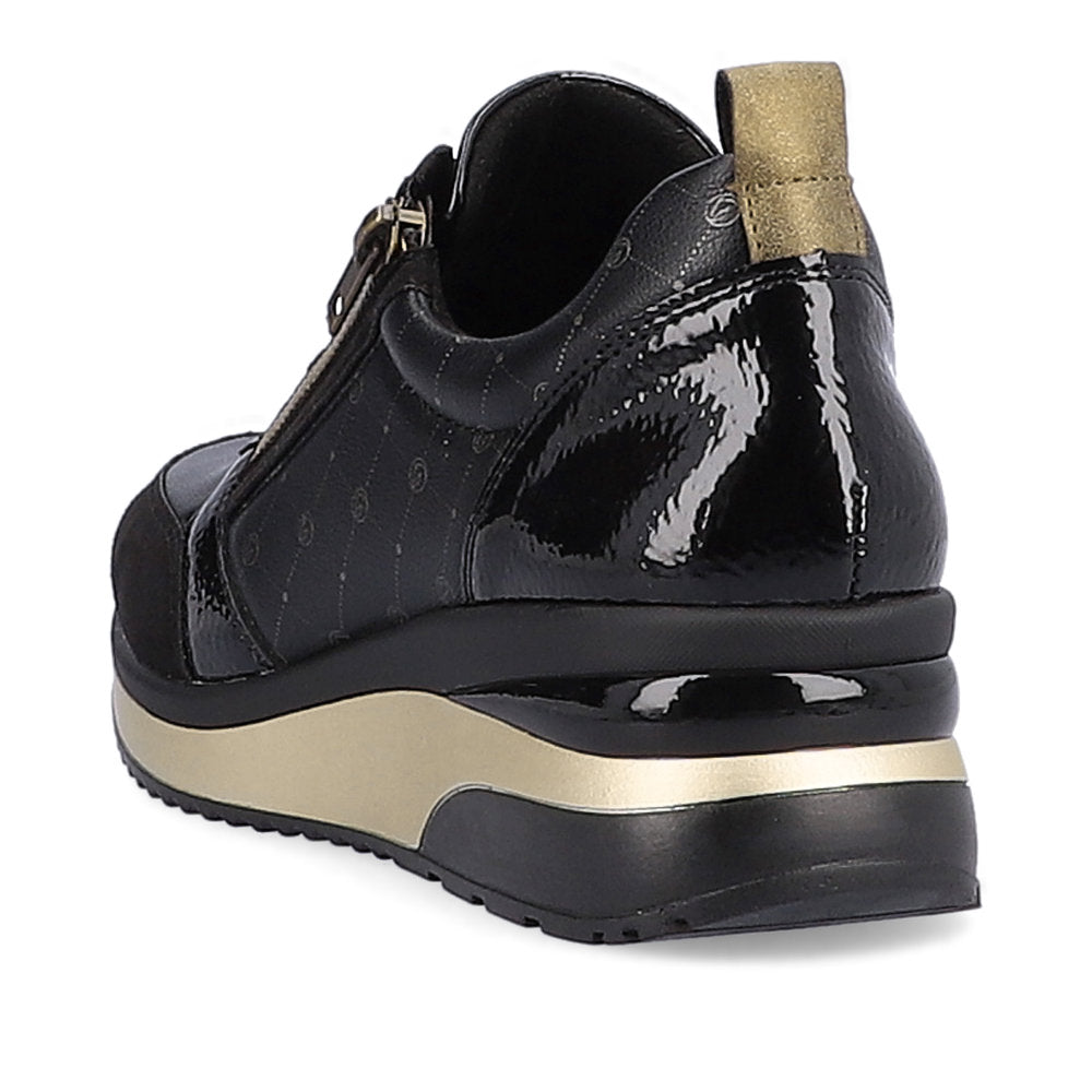 Remonte D2401-04 Black & Gold Combi Wedge Trainers with Zip