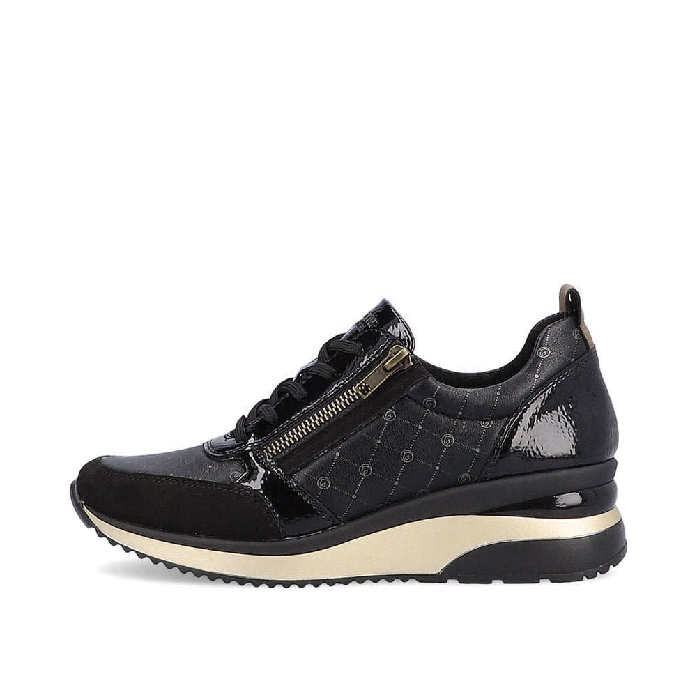 Remonte D2401-04 Black & Gold Combi Wedge Trainers with Zip