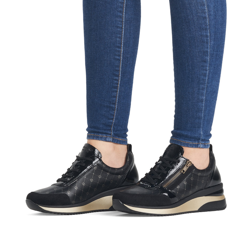 Remonte D2401-04 Black & Gold Combi Wedge Trainers with Zip