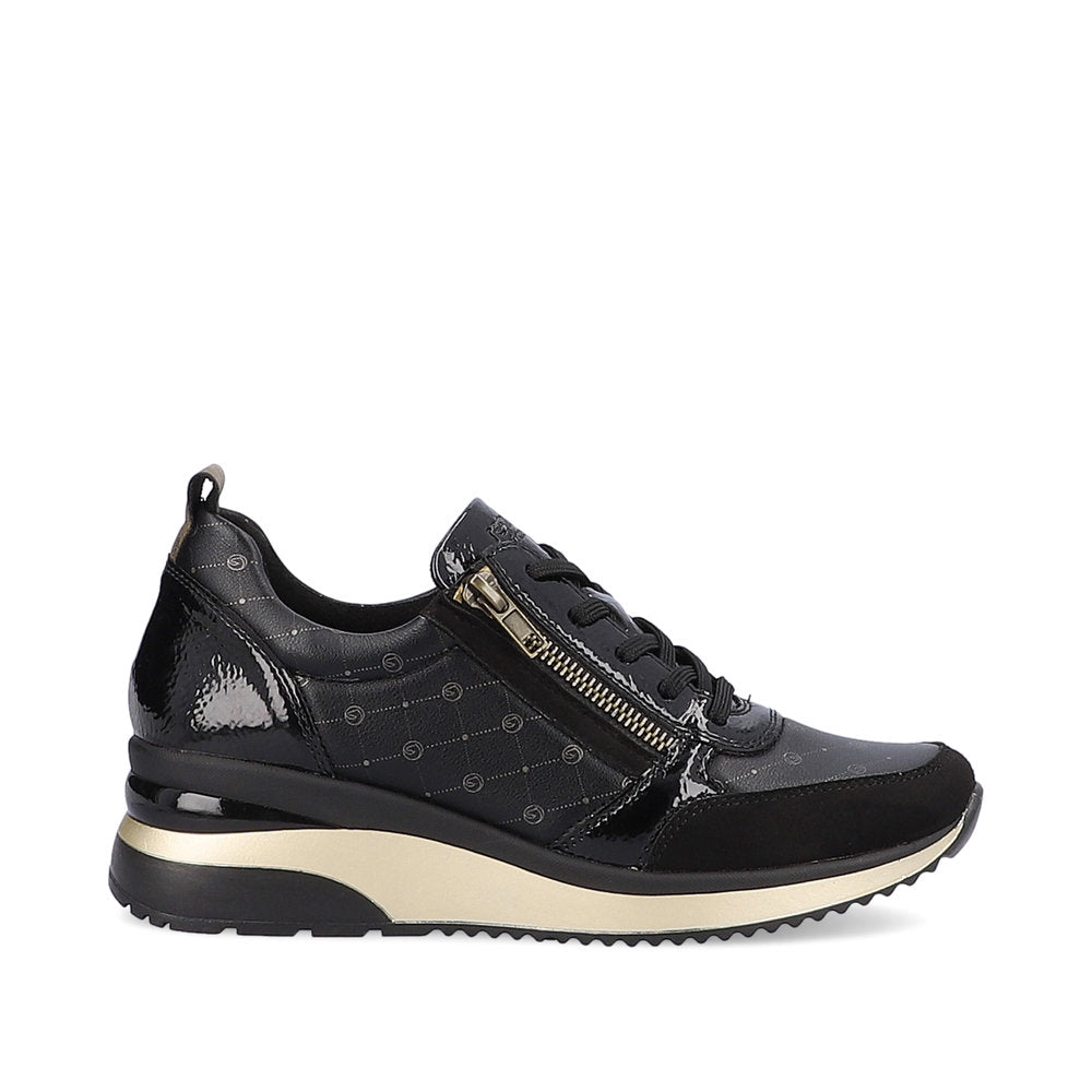 Remonte D2401-04 Black & Gold Combi Wedge Trainers with Zip