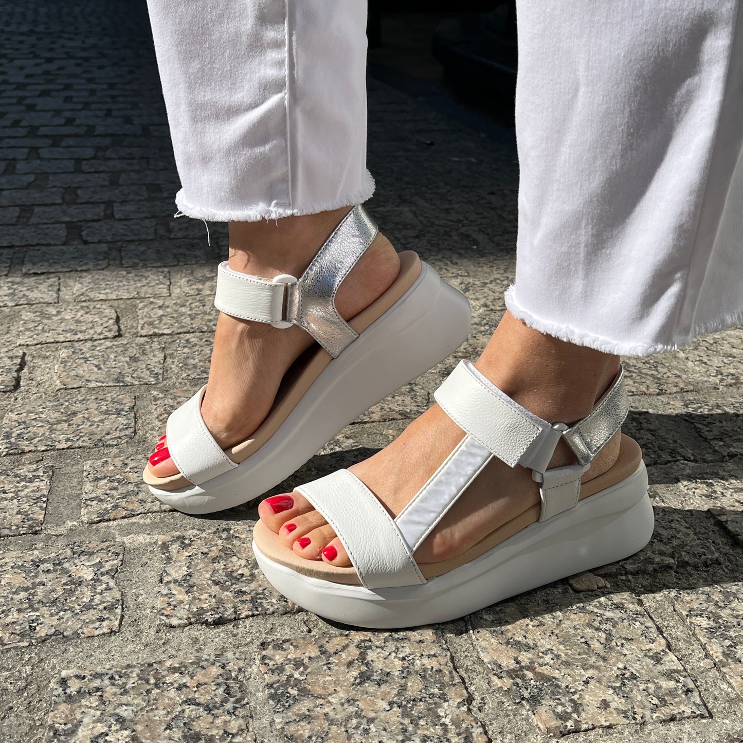 Callaghan 29925 White Velcro Sandals with Silver Slingback Strap