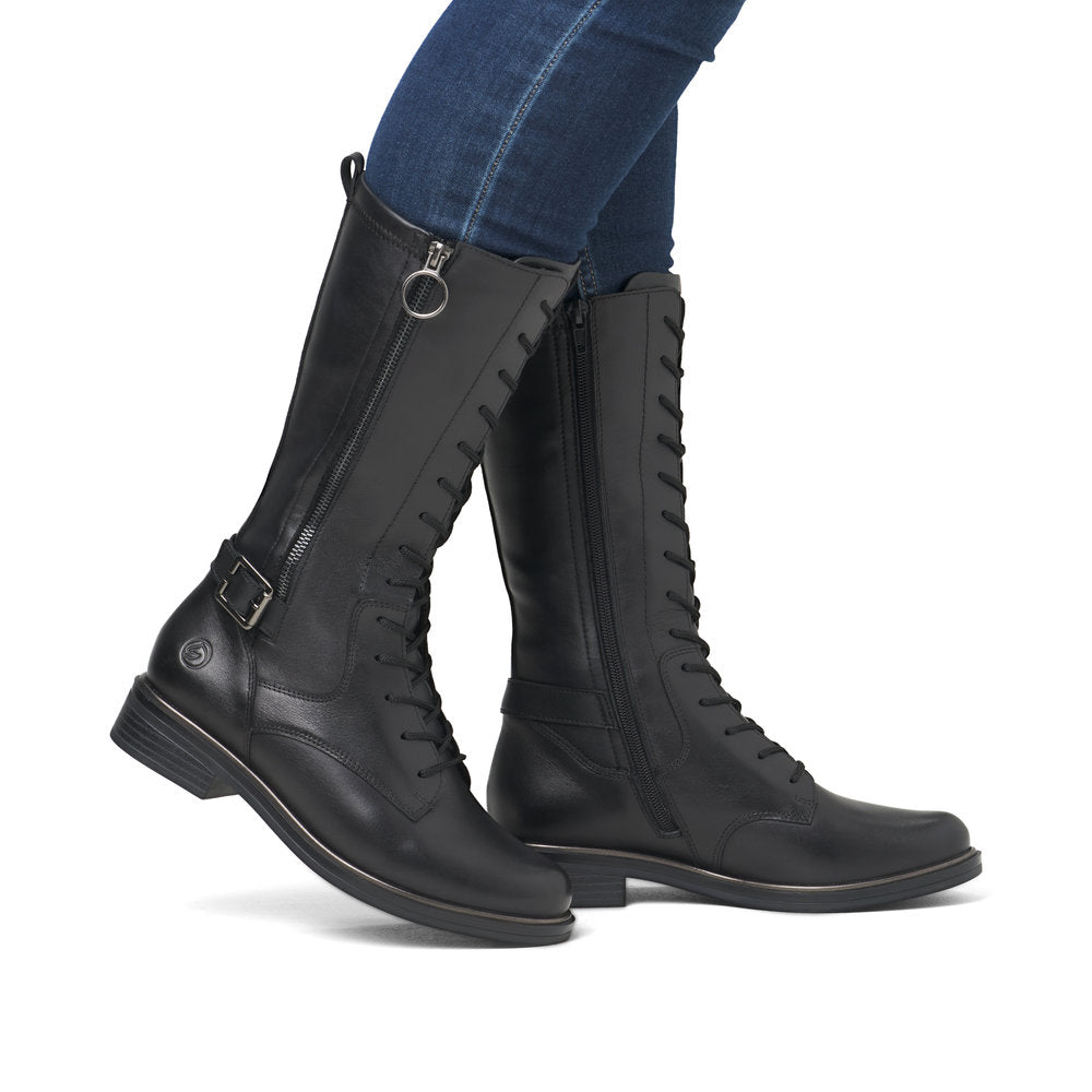 Remonte D8390-00 Black Long Boots with Lace & Zip