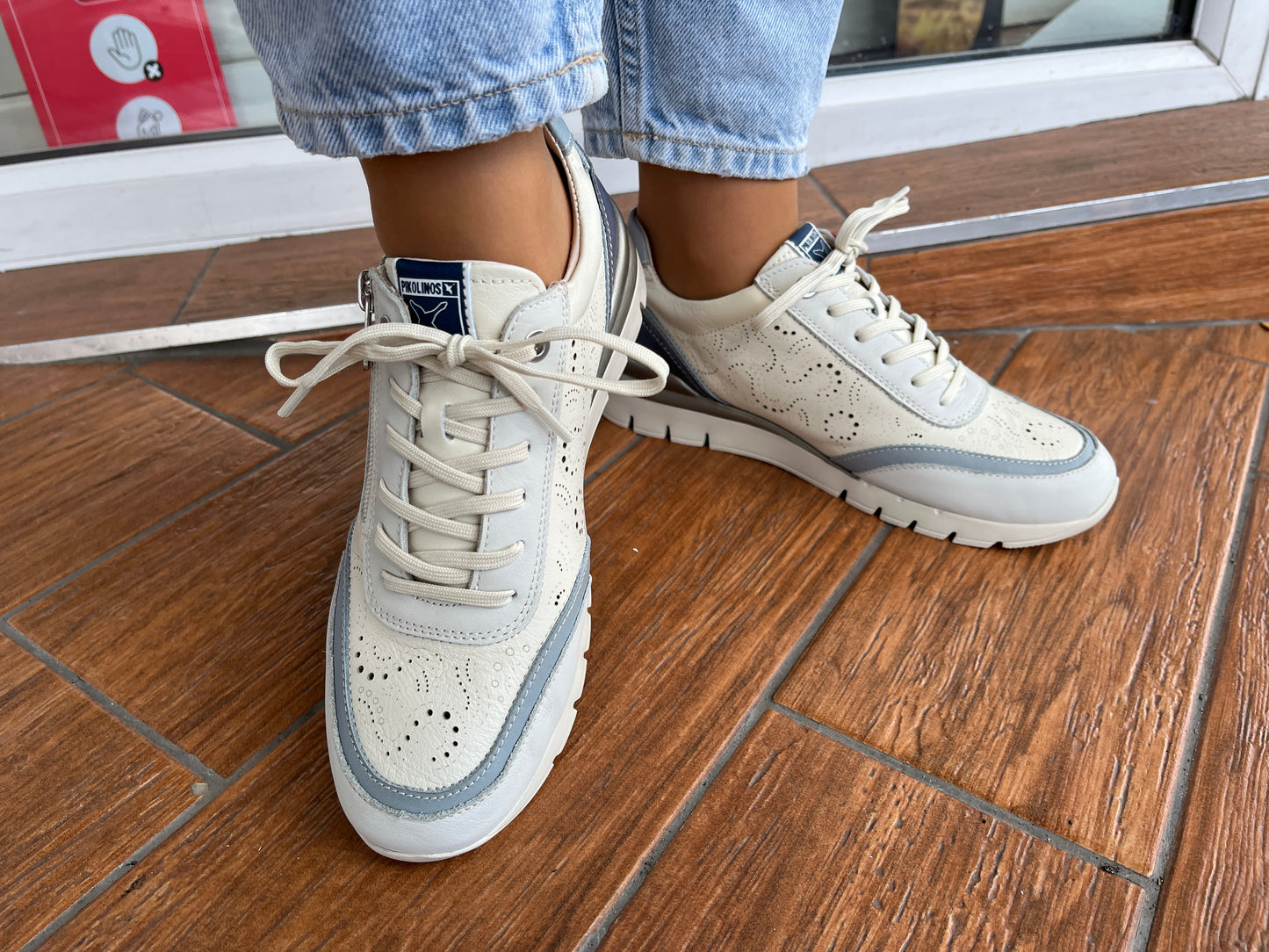 Pikolinos CANTABRIA W4R-6622C2 Nata Espum Cream & Blue Combi Shoes with Lace & Side Zip