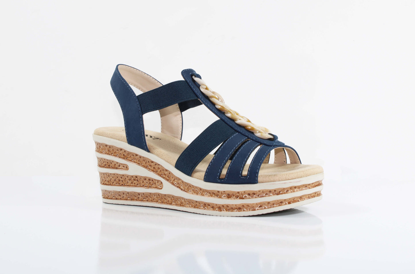 Susst ELIZA26 Navy PU Elastic Strap Wedge Sandals