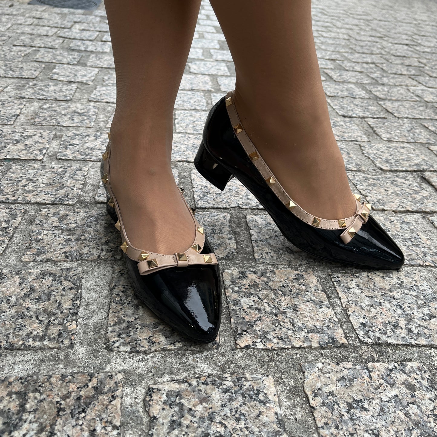 Loretta Vitale C9303 Black Patent Beige Trim Slip On Shoes with Studs