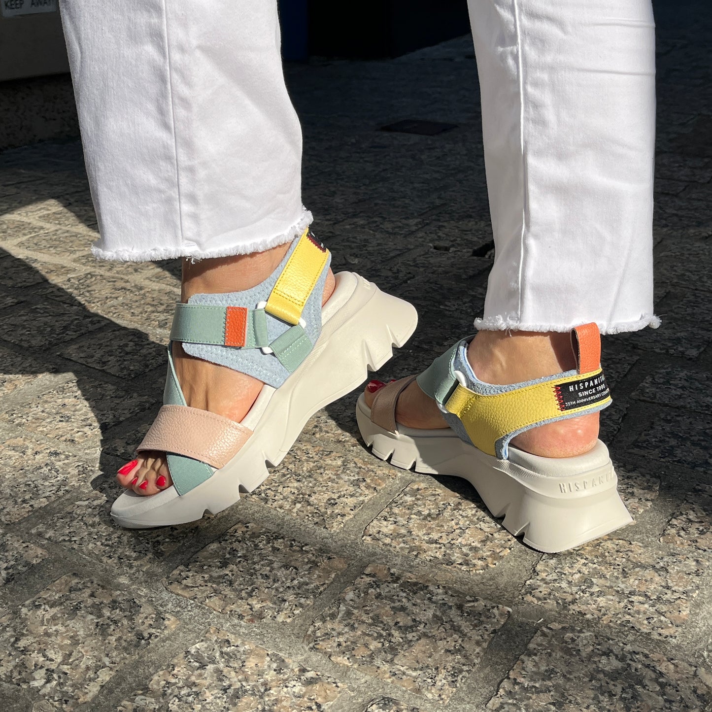 Hispanitas HV254007 Blue, Coral, Yellow, Green & Nude Combi Velcro Sandals