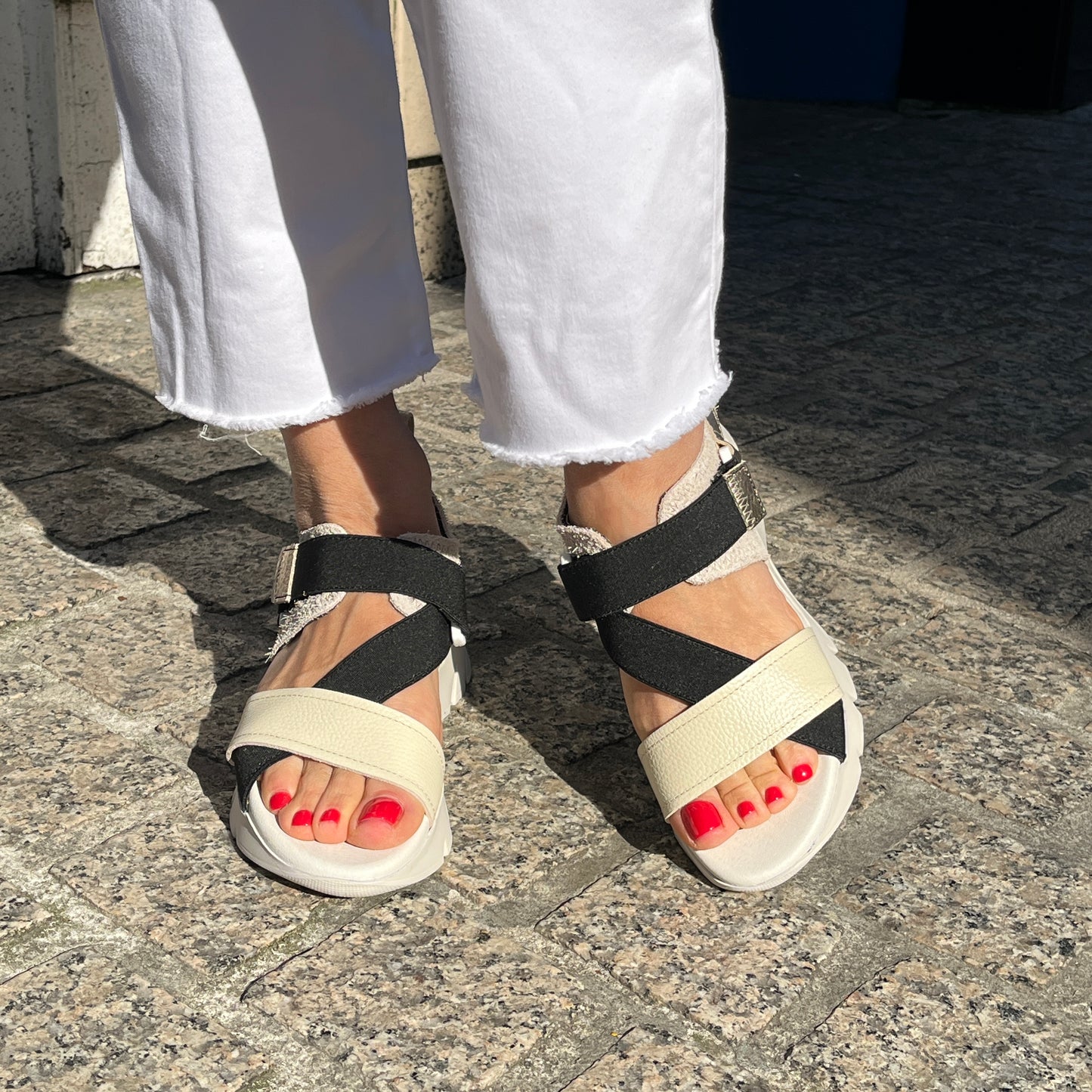 Hispanitas HV254007 Black, Cream Latte & Gold Combi Velcro Sandals