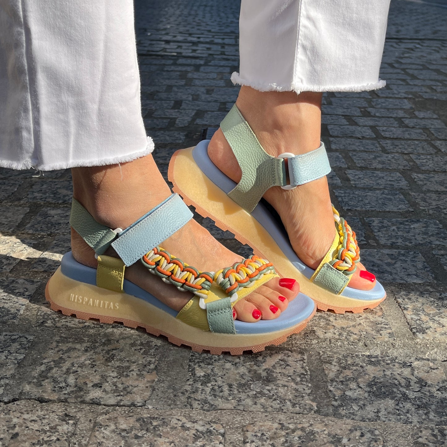 Hispanitas HV253898 Eucalipto, Yellow & Blue Combi Velcro Sandals