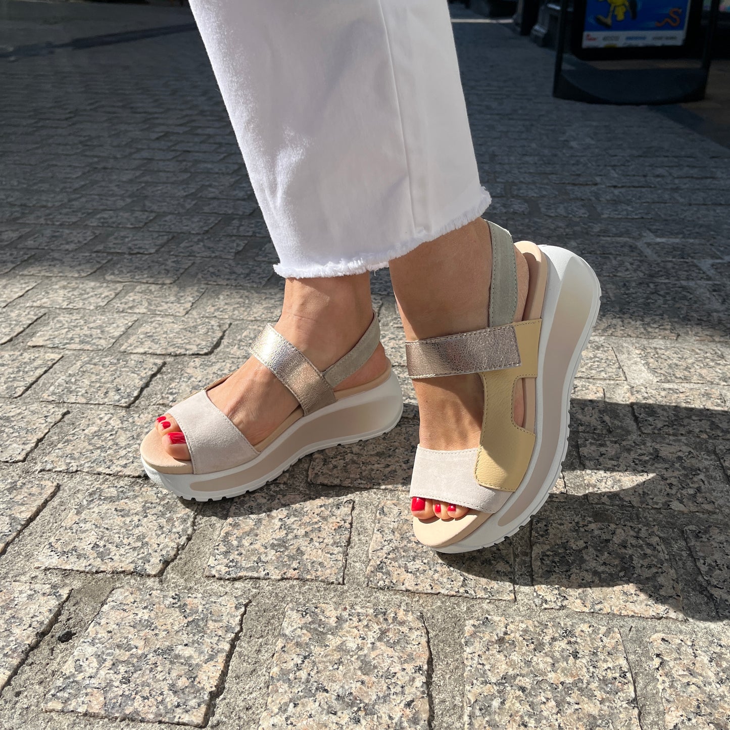 Callaghan 35200 Cream & Green Mint & Gold Combi Velcro Sandals with Slingback Strap